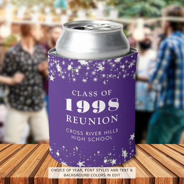 Class Reunion Purple Silver Stars Personalized Can Cooler (Creator Uploaded)