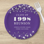 Class Reunion Purple Silver Stars Personalized Paper Plate<br><div class="desc">Celebrate with classmates at your school or college class reunion with these personalized and custom colour paper plates for any graduating class (the year is editable) with your class year and school name. The design features silver stars and string lights against an editable purple background colour and text colours you...</div>