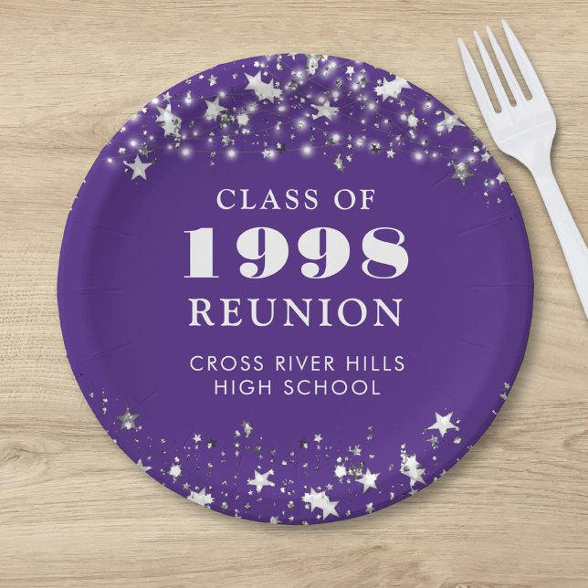 Class Reunion Purple Silver Stars Personalized Paper Plate (Creator Uploaded)