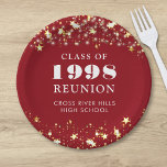 Class Reunion Red Gold Stars Personalized Paper Plate<br><div class="desc">Celebrate with classmates at your school or college class reunion with these personalized and custom colour paper plates for any graduating class (the year is editable) with your class year and school name. The design features gold stars and string lights against an editable red background colour and text colours you...</div>