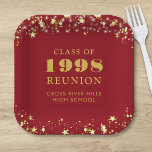 Class Reunion Red Gold Stars Personalized Paper Plate<br><div class="desc">Personalized red high school or college class reunion paper plates for any graduating class (the year is editable) with your class year and school name. The design features gold stars and string lights against an editable red background colour you can change to your school colour. CHANGES: The background and text...</div>