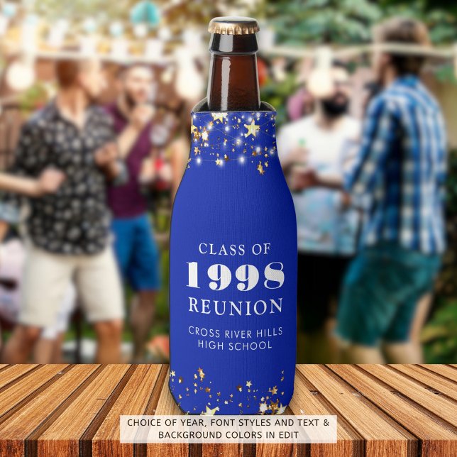 Class Reunion Royal Blue Gold Stars Personalized Bottle Cooler (Creator Uploaded)