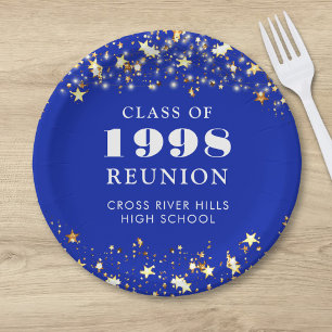 Class Reunion Royal Blue Gold Stars Personalized Paper Plate
