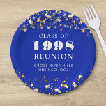 Class Reunion Royal Blue Gold Stars Personalized Paper Plate<br><div class="desc">Celebrate with classmates at your school or college class reunion with these personalized and custom colour paper plates for any graduating class (the year is editable) with your class year and school name. The design features gold stars and string lights against an editable royal blue background colour and text colours...</div>