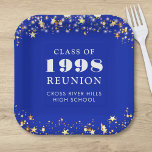 Class Reunion Royal Blue Gold Stars Personalized Paper Plate<br><div class="desc">Personalized royal blue high school or college class reunion paper plates for any graduating class (the year is editable) with your class year and school name. The design features gold stars and string lights against an editable royal blue background colour you can change to your school colour. CHANGES: The background...</div>