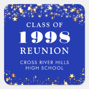 Class Reunion Royal Blue Gold Stars Personalized Square Sticker