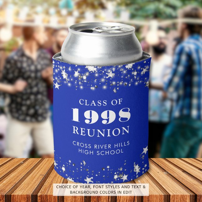 Class Reunion Royal Blue Silver Stars Personalized Can Cooler (Creator Uploaded)