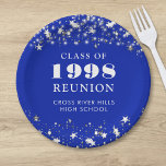 Class Reunion Royal Blue Silver Stars Personalized Paper Plate<br><div class="desc">Celebrate with classmates at your school or college class reunion with these personalized and custom colour paper plates for any graduating class (the year is editable) with your class year and school name. The design features silver stars and string lights against an editable royal blue background colour and text colours...</div>