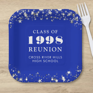 Class Reunion Royal Blue Silver Stars Personalized Paper Plate