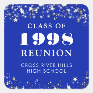 Class Reunion Royal Blue Silver Stars Personalized Square Sticker