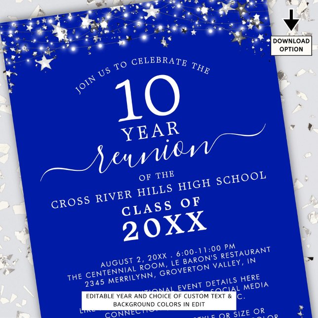Class Reunion Royal Blue Stars Lights Any Year Invitation (Creator Uploaded)