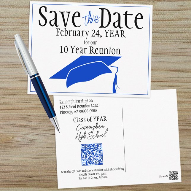 Class Reunion Save The Date Blue Grad Cap QR Code Postcard (Creator Uploaded)