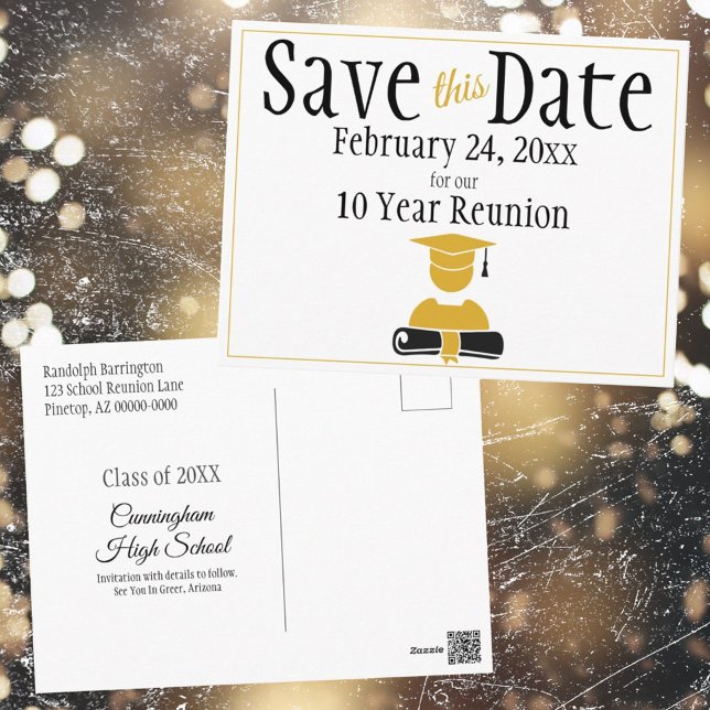 Class Reunion Save The Date Minimalist Black Gold Postcard (class reunion postcard front and back)