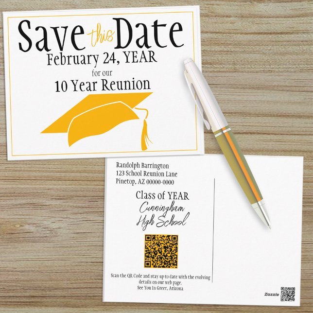 Class Reunion Save The Date Orange Cap QR Code Postcard (Creator Uploaded)