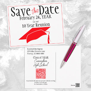 Class Reunion Save The Date Red Grad Cap QR Code Postcard