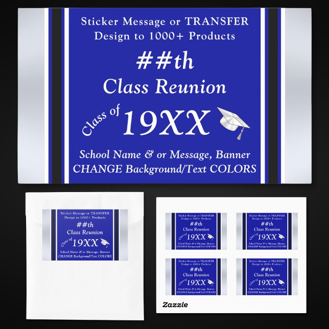 Class Reunion Stickers, CHANGE COLORS, Reunion Sticker (Class Reunion Stickers. Class Reunion Party Supplies. Royal Blue, Black and White, Reunion Stickers.)