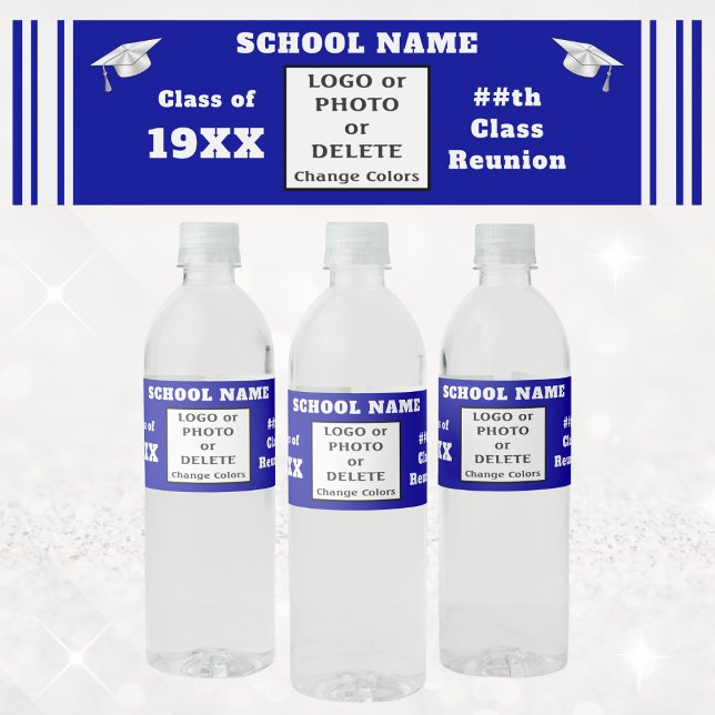 Class Reunion Water Bottle Labels, Blue and White Water Bottle Label (Class reunion water bottle labels. Graduation water bottle stickers. High school reunion party ideas)