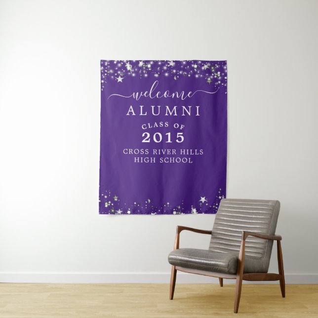 Class Reunion Welcome Alumni Purple Silver Stars Tapestry (In Situ)