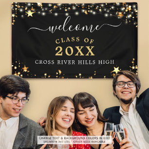 Class Reunion Welcome Black Gold Stars Lights Banner