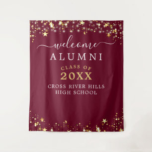Class Reunion Welcome Burgundy Gold Stars Confetti Tapestry