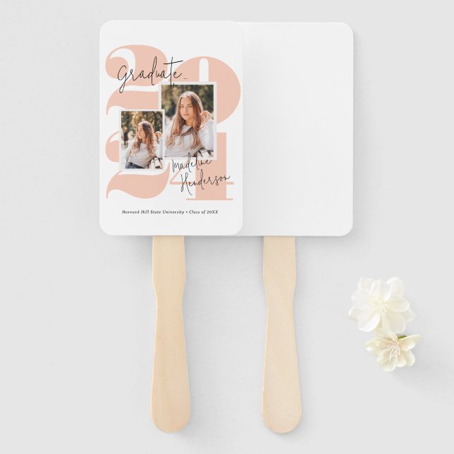 Class Year 3 Photo Collage Peach Graduation Hand Fan (Front and Back)
