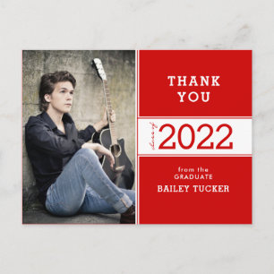 Class Year Bright Red Photo Graduation Thank You Postcard