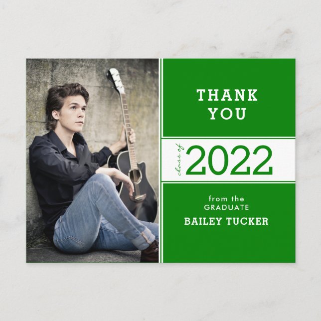 Class Year Dark Green Photo Graduation Thank You Postcard (Front)