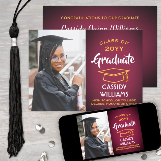 Class Year Maroon and Gold Modern Graduation Photo Invitation (Creator Uploaded)