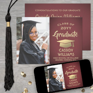 Class Year Modern Burgundy & Gold Graduation Photo Invitation