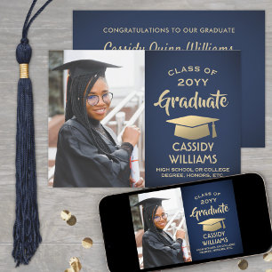 Class Year Navy Blue and Gold Graduation Photo Invitation