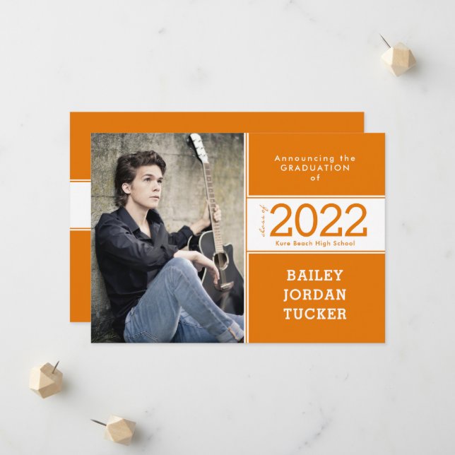 Class Year Orange & White 2-Photo Graduation Announcement (Front/Back In Situ)