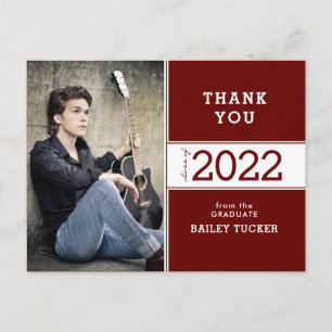 Class Year Red Burgundy Photo Graduation Thank You Postcard