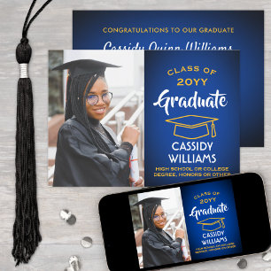 Class Year Royal Blue and Gold Graduation Photo Invitation