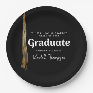 Class Year School graduate black gold tassel Paper Plate