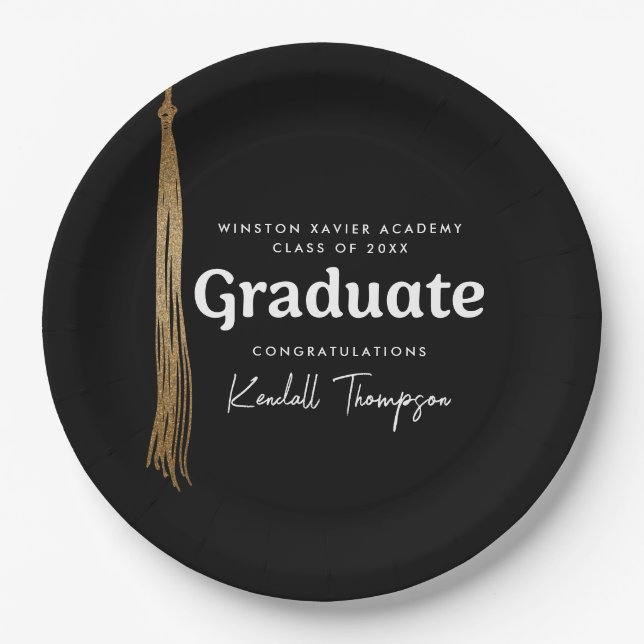 Class Year School graduate black gold tassel Paper Plate (Front)