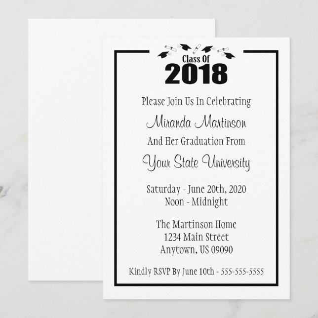 Classe De 2018 Graduation Invitation (Casquettes N (Devant / Derrière)