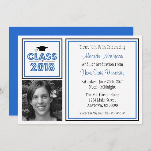 Classe De 2018 Photo Graduation Invitation (Bleu) (Devant / Derrière)