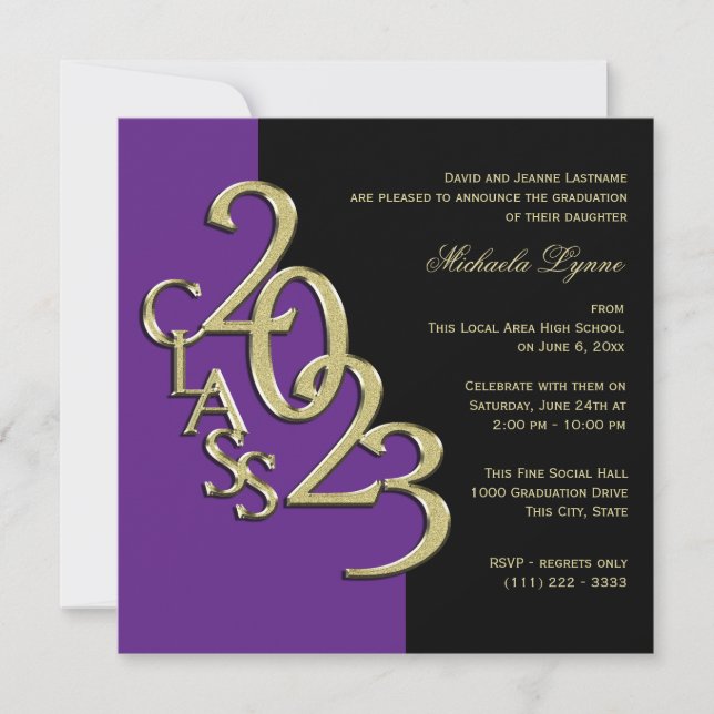 Classe de 2023 Grad Purple and Gold Invitation (Devant)