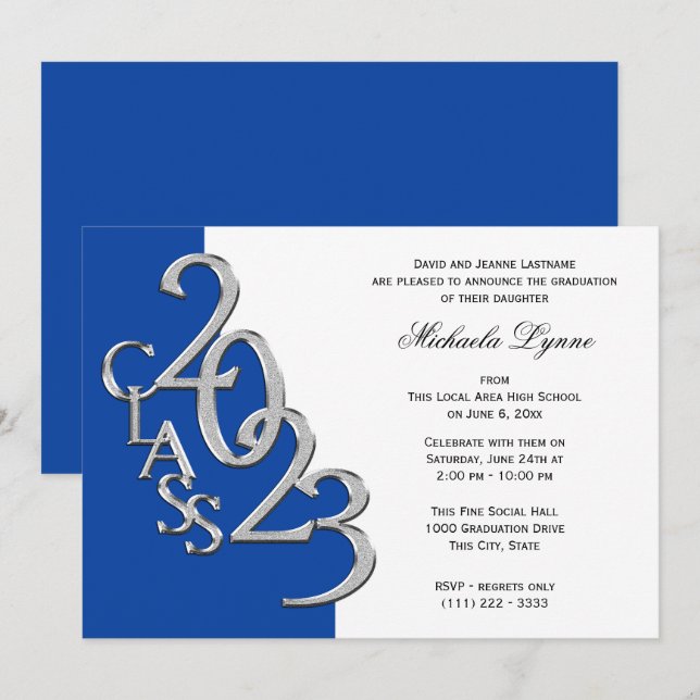 Classe de 2023 Grad Silver and Blue Invitation (Devant / Derrière)