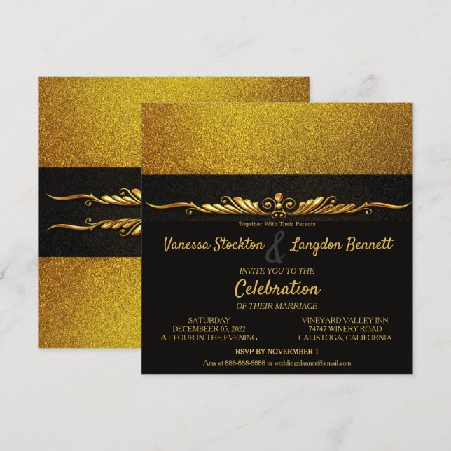 Classé Glitzy Gold Faire-part de mariage (Devant / Derrière)