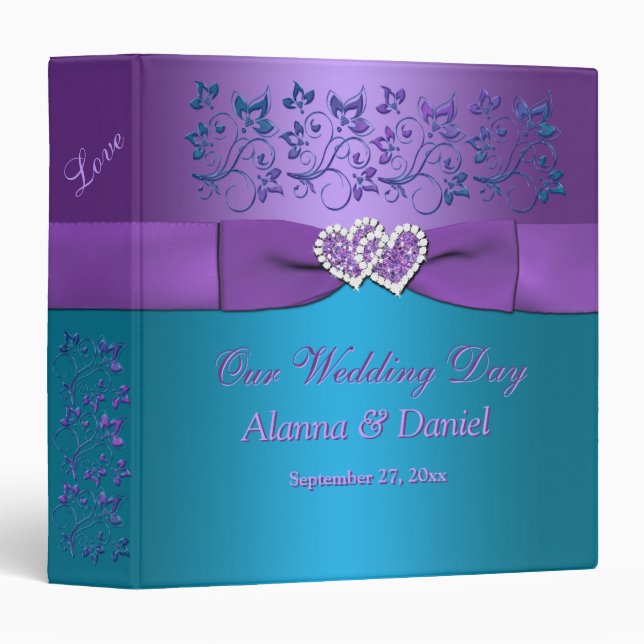 Classeur 1,5" violet, Turquoise floral, Mariage de coeur CL (Devant/Côté)