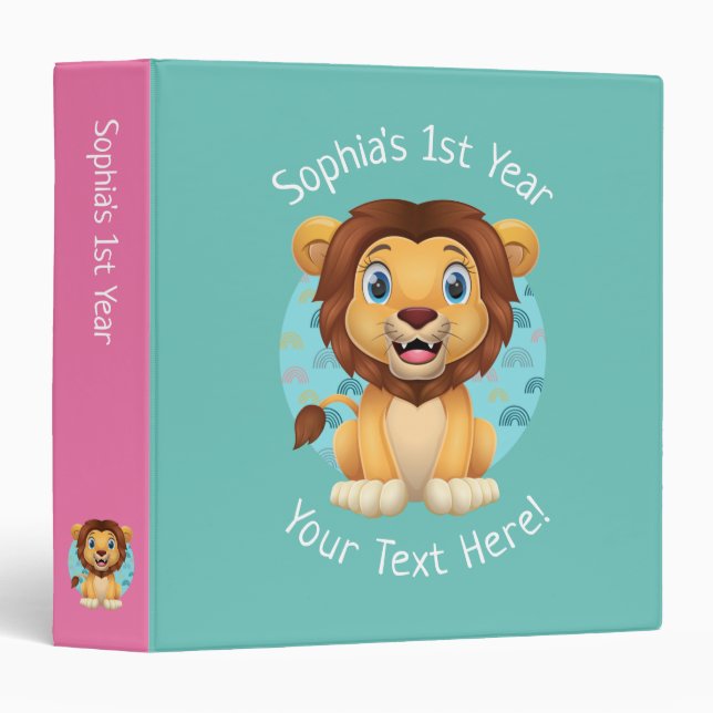 Classeur 1ère année du bébé, Cartoon de Lion mignon, Turquo (Devant/Côté)