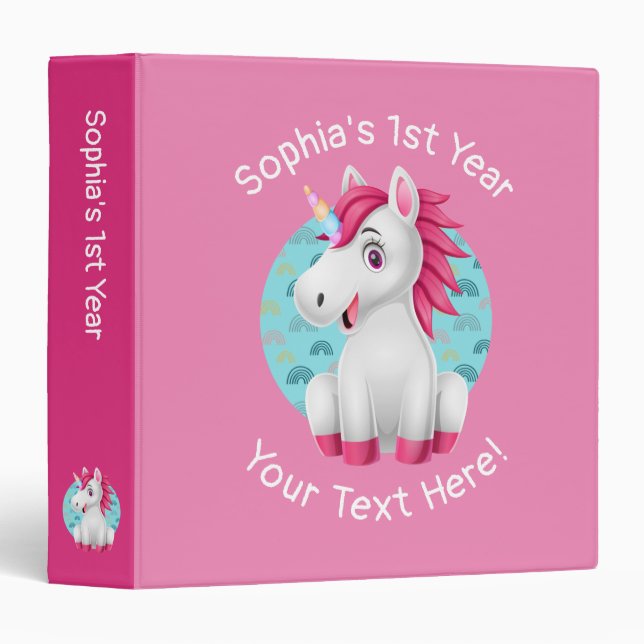 Classeur 1ère année du bébé, mignonne caricature Unicorne,  (Devant/Côté)