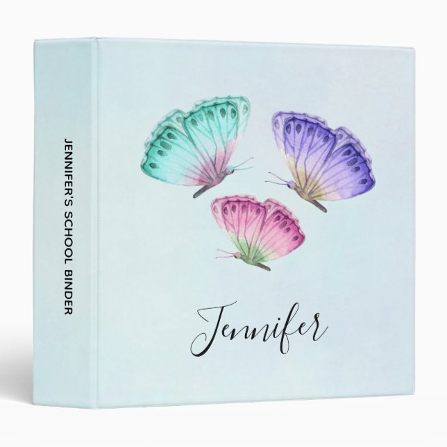 Classeur 3 Mignons Papillons Pastel Aquarelle Colorée (Devant/Côté)