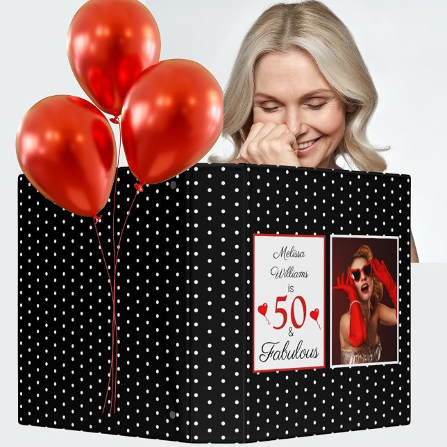 Classeur 50 & Fabuleux Nom Photo Rouge 50e anniversaire BLK (50 & Fabulous Name Photo Red 50th Birthday BLK WH 3 Ring Binder)