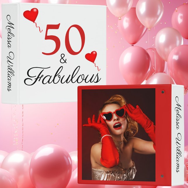 Classeur 50e anniversaire Rouge 50 et Fabuleux nom et photo (50th Birthday Red 50 and Fabulous Name and Photo 3 Ring Binder)