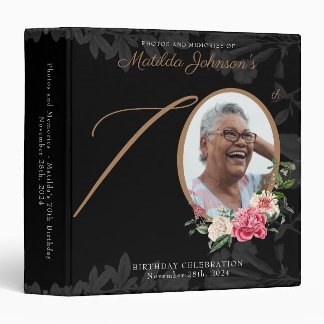 Classeur 70e anniversaire Black Gold Chic Floral Photo pers (Devant/Côté)