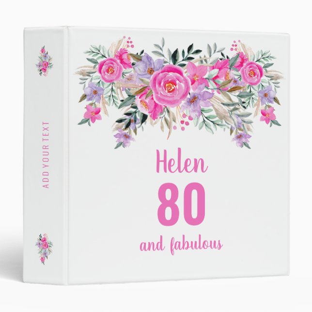 Classeur 80e anniversaire blanc rose floral (Devant/Côté)