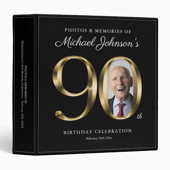 Classeur 90e anniversaire Black Gold Texte personnalisé Pho (Devant/Côté)