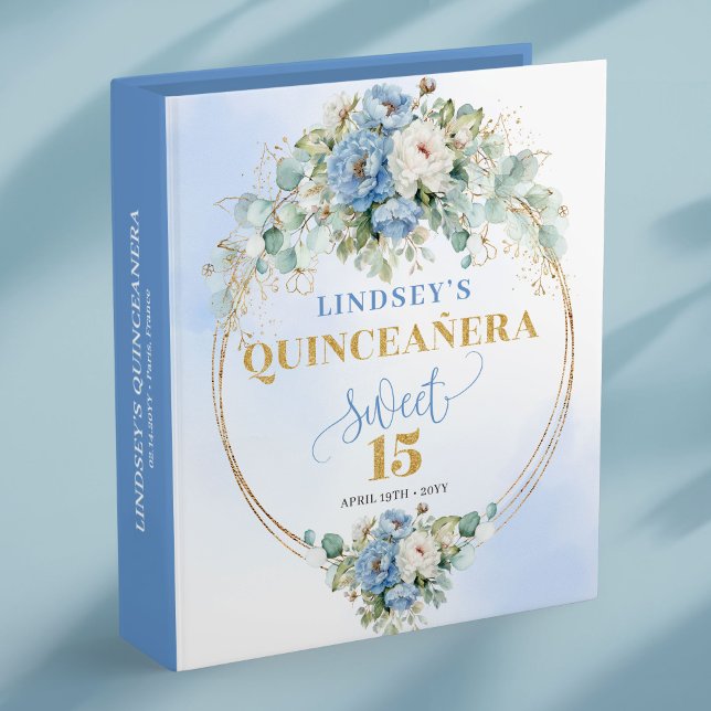 Classeur à anneaux bleu clair floral pour 15e anni (Light Blue Floral 15th Birthday Ring Binder)